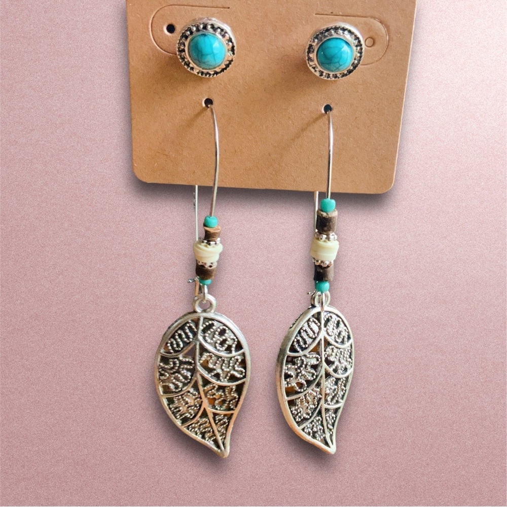 BOGO Filigree Leaf Beaded Dangling Boho Earrings Turquoise Stud Earring Set